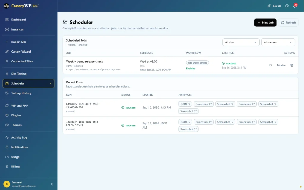 CanaryWP scheduler showing recurring WordPress checks and recent job results