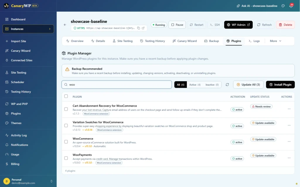 CanaryWP plugin manager showing WooCommerce plugins and available updates
