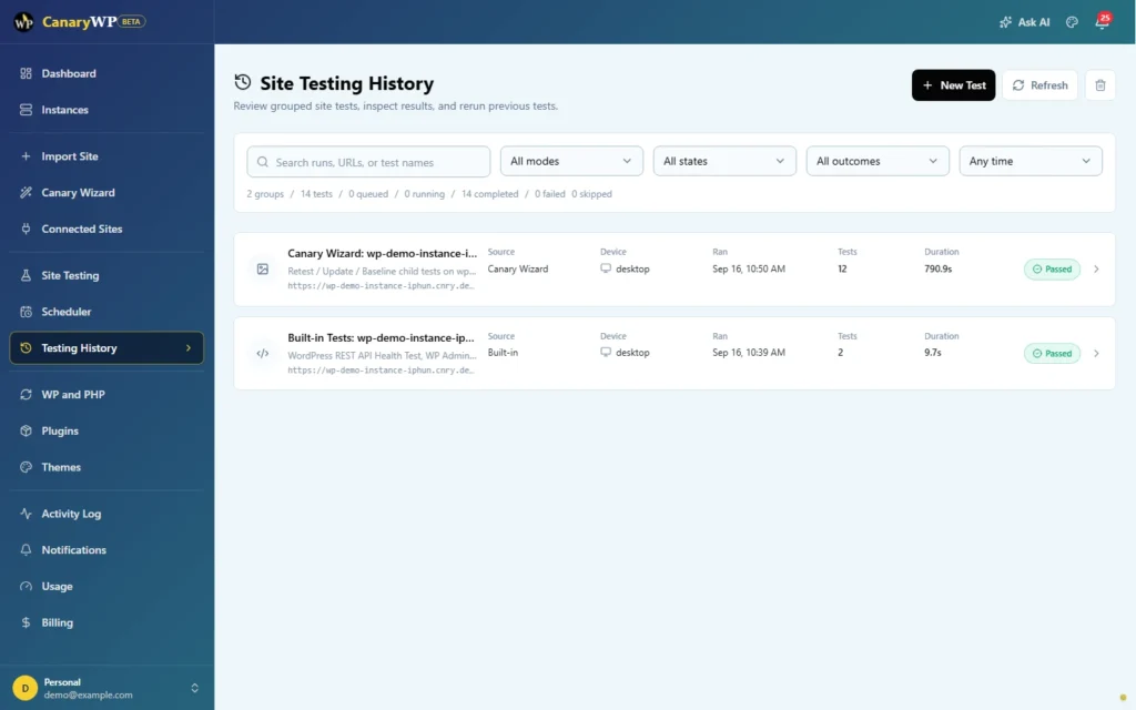 CanaryWP testing history showing completed test runs and pass results